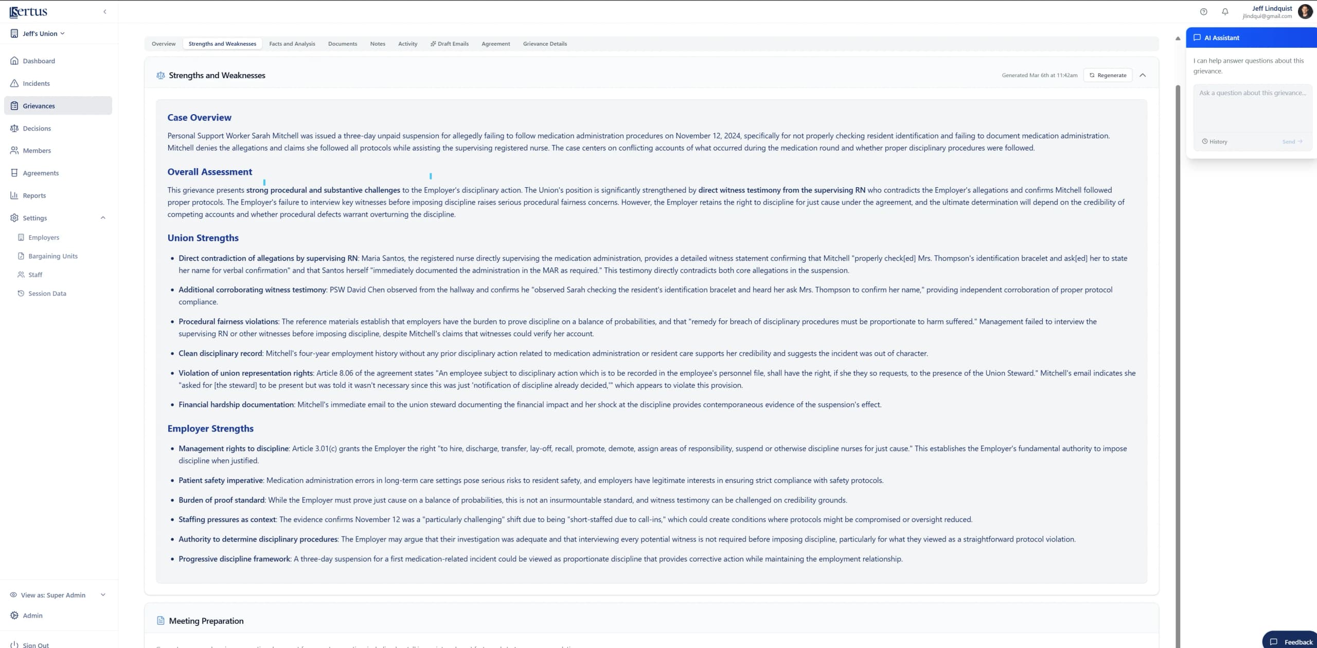 Sertus case insights view showing AI-generated strengths, risks, and agreement article citations for an active grievance